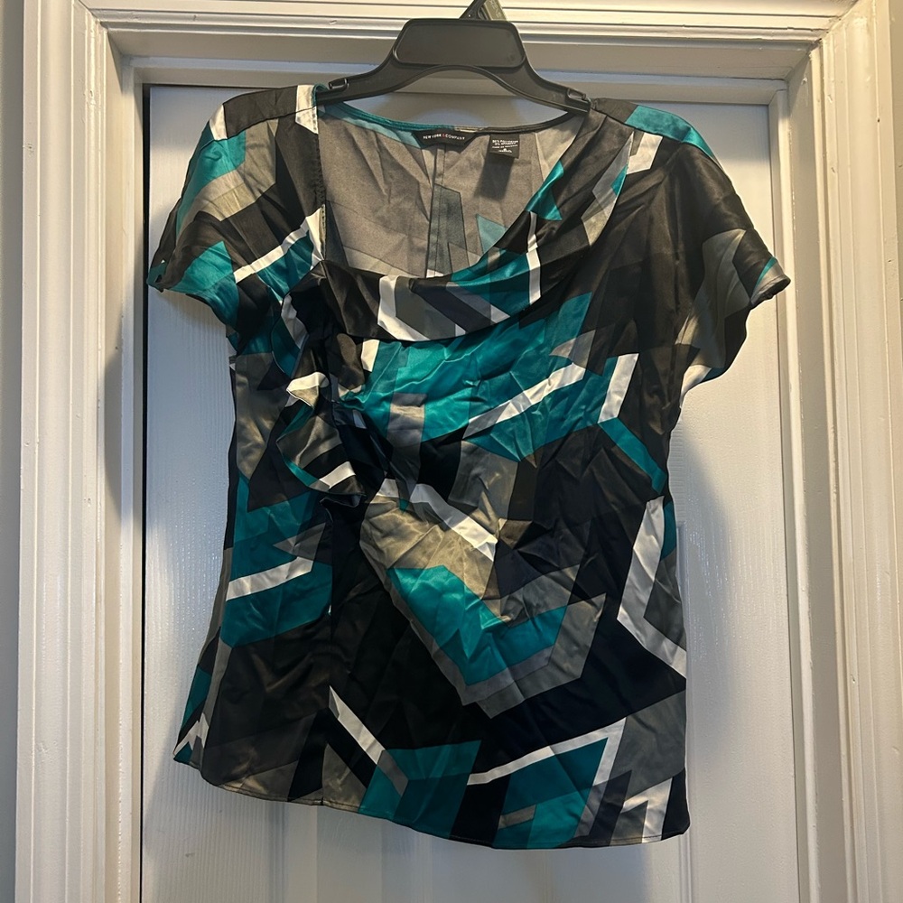 New York & Company Teal and Black Geometric Blouse